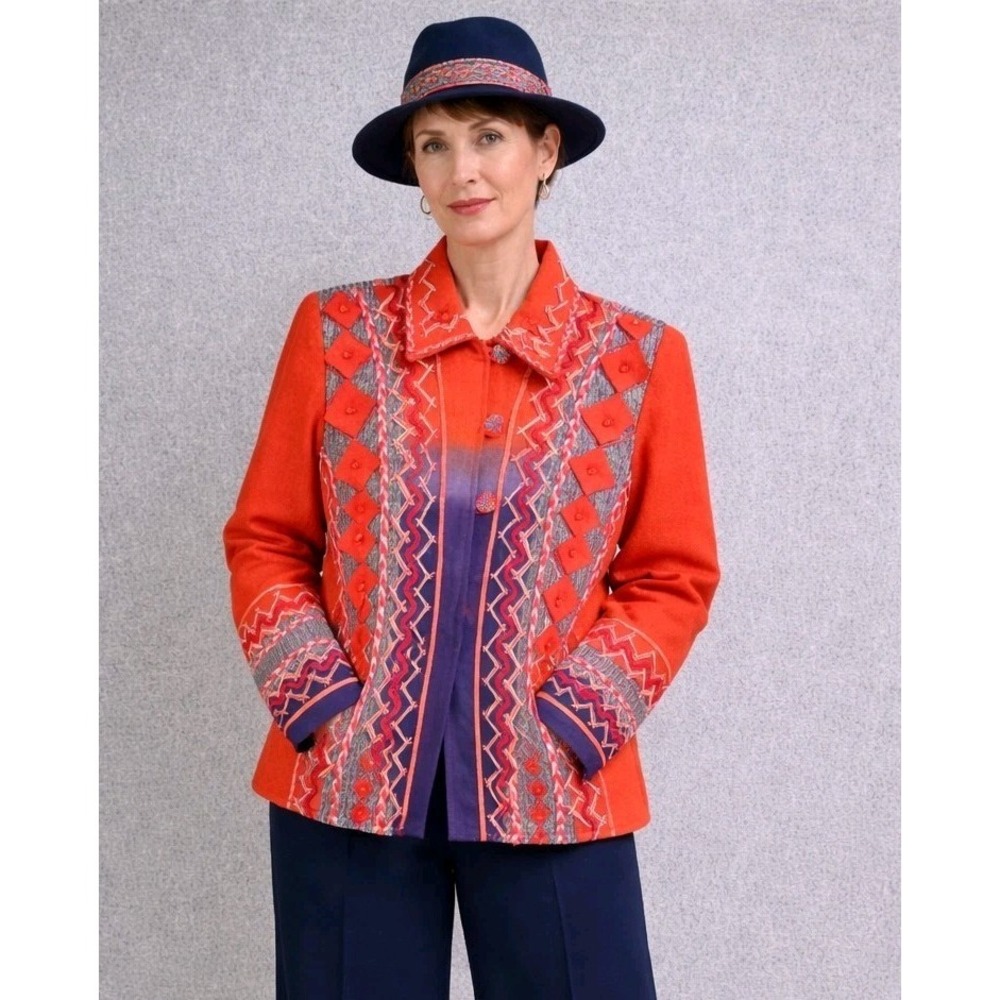 Sandy Starkman Embroidered Wool Blend Jacket Orang Blue Boho Art to Wear Size L